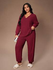 Lazeform Plus Size Knit Ribbed Fleece V-Neck Casual Minimalist Long Sleeve Pajama Set, Suitable For Loungewear - Red - View 6
