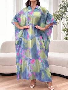 Al Najma Tie-Dye Loose Fit Short Sleeve Polo Collar Dress, Spring/Summer - Blue - View 8