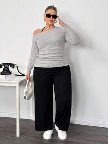 Truni Conjunto de 3 piezas para mujer talla grande con top corto de cuello halter, pantalones de pierna ancha y camiseta de manga larga con cuello asimétrico para primavera/otoño/invierno - Negro - Ver 5