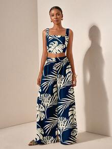 Zivah 新款春夏度假休闲鱼骨吊带上衣+阔腿裤两件套/适合参加婚礼/生日派对/日常出行/百搭基础款/休闲度假/邮轮旅行/海滩日光浴/网红热销款/街头风/优雅通勤/商务/优雅女士无袖树叶印花露脐上衣搭配高腰飘逸阔腿裤套装，春夏必备 - 彩色 - 查看 8