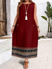 EMERY ROSE 休闲复古浪漫印花加大码女式圆领无袖长款连衣裙，红色长款连衣裙，吊带长款连衣裙，新年连衣裙，夏季连衣裙 - 彩色 - 查看 3