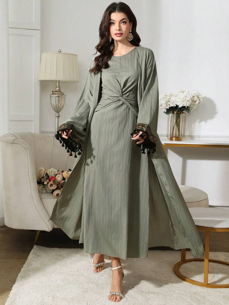 Al Najma Women's Solid Color Arabic Style Waist Twist Maxi Dress Set - Green - View 2