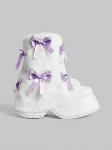 Sugerpunk Bốt cao gót đế xuồng lông giả màu trắng nơ tím cho nữ, phong cách đường phố dễ thương cho trường học - Màu tím - Xem 2