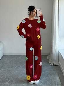 Selianne 女士酒红色圆领落肩3D立体花卉套头毛衣，搭配3D立体花卉直筒毛衣裤 - 酒紅色 - 查看 3