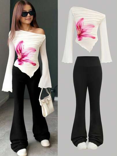 Firerie Kids Firerie Kids Tween Girl Casual Vacation Elegant Fit Mesh Floral Print Cream Off-Shoulder Asymmetric T-Shirt Plus Black Flared Trousers Set, Suitable For Home And Outdoor, Travel Wear Airport, Casual Daily Wear, Suitable For Party, Valentine's Day, Off Shoulder Top, Teen Girls Elegant Outfit