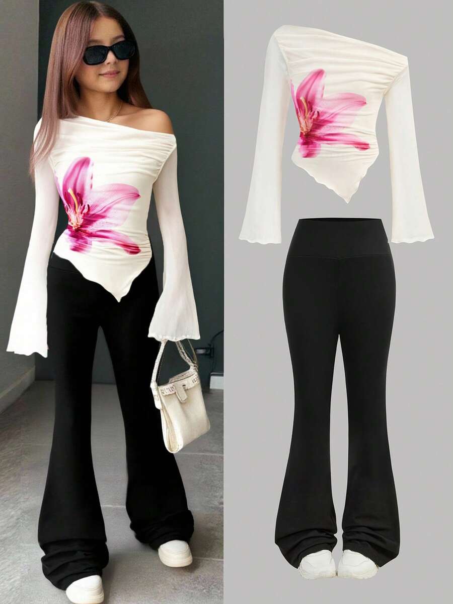 Firerie Kids Firerie Kids 少女休闲度假优雅修身网纱印花奶油色露肩不对称T恤搭配黑色喇叭裤套装，适合居家、户外活动、旅行机场、日常休闲穿着，也适合派对、情人节等场合。 - 黑與白 - 查看 1