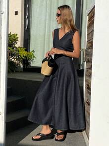 DAZY Women's V-Neck Sleeveless Waist Cinched Split Design Casual Long Denim Dress - Dark Wash - View 3