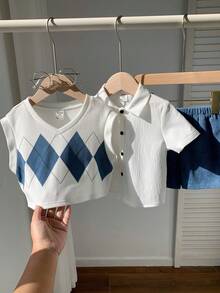 SHEIN 男婴菱格纹背心、白色衬衫、松紧腰休闲短裤三件套绅士套装，适合生日派对、锐舞派对、晚宴、演出、婚礼、迎婴派对、一周岁生日庆祝等场合。 - 彩色 - 查看 8