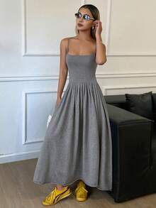 DAZY 女士纯色A字无袖连衣裙，优雅休闲针织连衣裙，适合春秋季穿着 - 灰色 - 查看 4