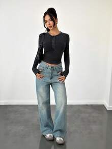 SHEIN PETITE 1pc Women's Black And Gray Knitted Button-Up Tight Fit Long Sleeve Casual T-Shirt - Grey - View 3