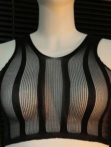 ChaseTheNight Bộ đồ 2 món gợi cảm cỡ lớn: Áo croptop xuyên thấu co giãn và áo liền thân khoét đáy. - màu đen - Xem 8
