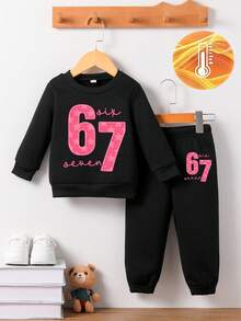 2pcs/Set Baby Boy Fashion 67 Number Star Letter Print Crew Neck Fleece Sweatshirt & Fleece Sweatpants Outfit, Suitable For Outings In Autumn/Winter - Black - View 1