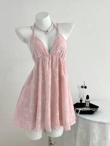 Elamini Women's Blue Textured Floral Deep V-Neck Spaghetti Strap Backless Ruffle Dress, Sexy & Alluring For Beach Vacation In Summer - Baby Pink - View 3