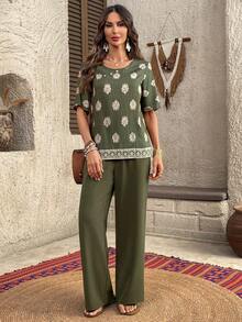 EMERY ROSE 女士圆领插肩袖复古休闲两件套，夏季 - 彩色 - 查看 5