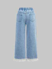 SHEIN ChillGRL Girls' Distressed Blue Butterfly Embroidery Print Straight Leg Jeans Denim Set For Teenagers Girls - Light Wash - View 2