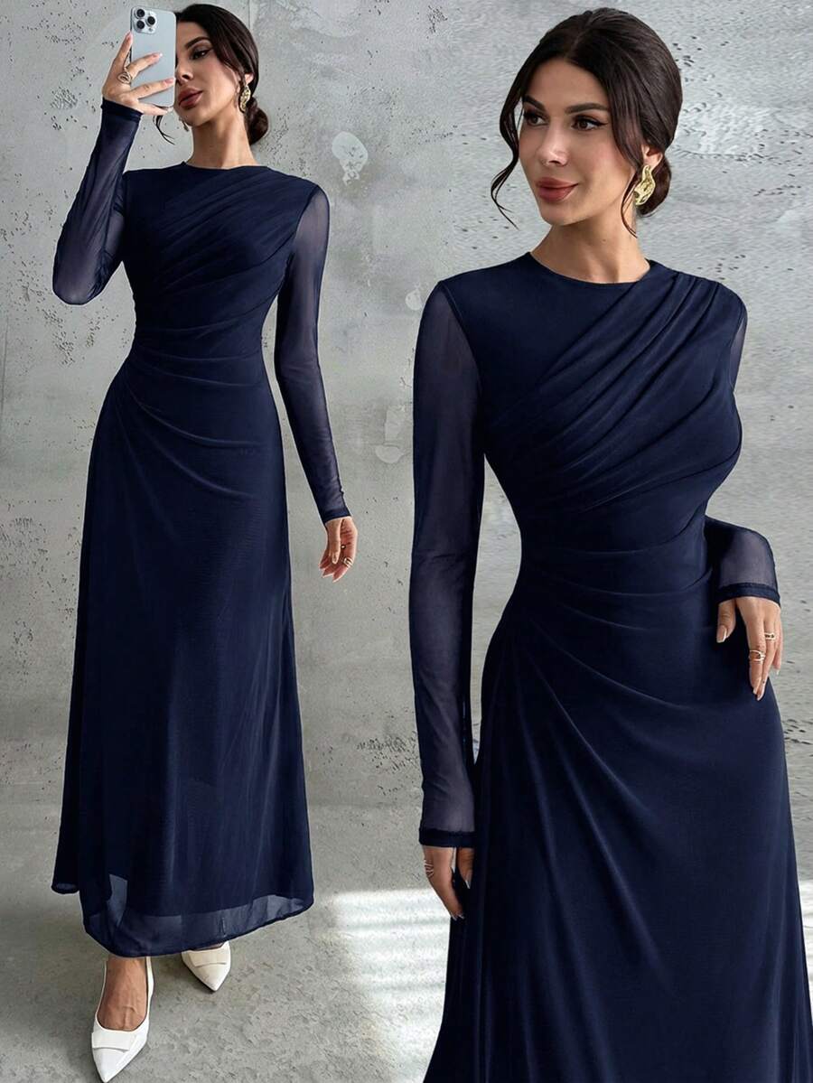 Firerie فستان ماكسي أنيق للنساء بأكمام طويلة وياقة مستديرة وخصر منتفخ، لون أصفر فاتح، مناسب للمناسبات الرسمية والعمل والعطلات والحفلات والأسلوب الكلاسيكي - أزرق بحري - مشاهدة 1