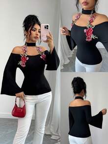 Elenzga Women's Elegant Round Neck Halter Open Shoulder Black T-Shirt With Red Flower And Green Leaf Lace Trim Flare Sleeves, Suitable For Spring, Summer, Autumn, Winter, Party, New Year, Thanksgiving, Wedding Season, Valentine's Day, Easter, Casual Wear - Black - View 1