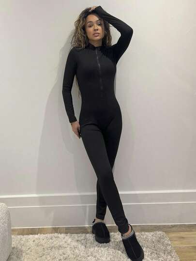 RebeccaVibe Stand Collar Half-Zipper Tight Jumpsuit Fall Cloth For Women