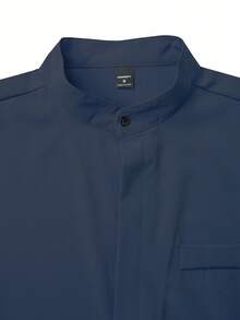 Calvornis 男士休闲日常办公通勤简约纯色立领长袖衬衫，春秋季 - 藏蓝色 - 查看 3