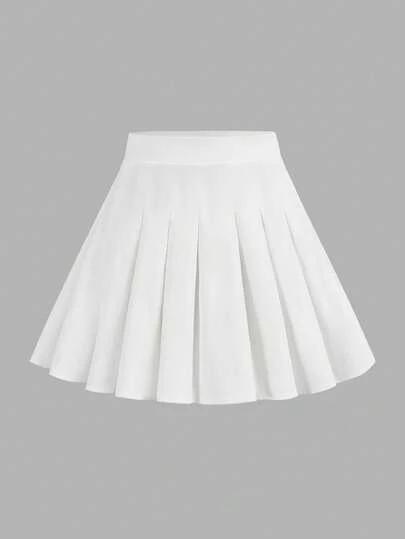 SHEIN Girlism חצאית מיני לבנה אחידה לבנות עם רוכסן, חצאית קפלים אחידה, מתאימה לסתיו חורף, ללבוש יומיומי, לאירוע קז'ואל, חזרה לבית הספר