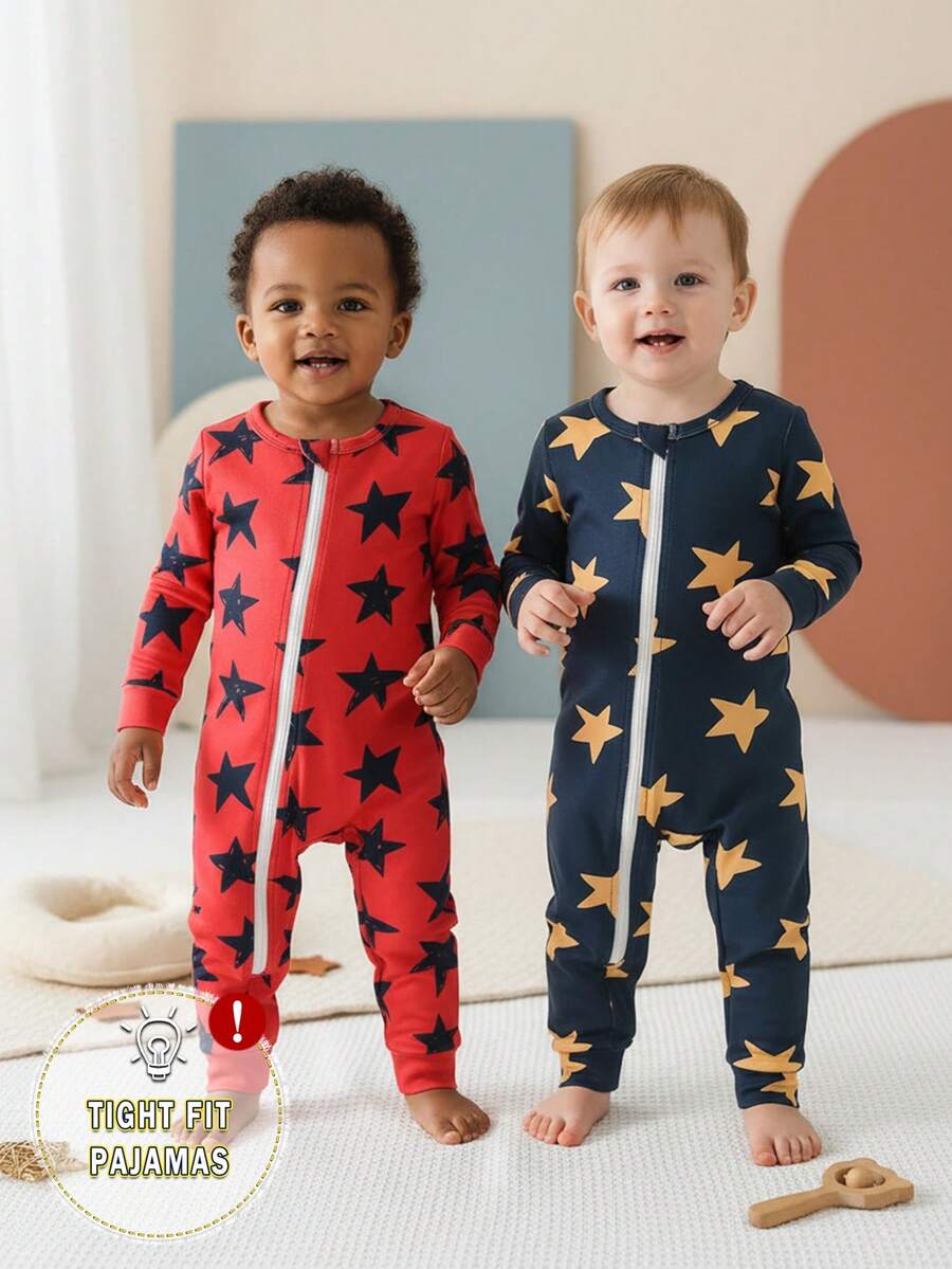 2件套婴幼儿男童长袖连体衣和裤子套装，可爱星星印花针织面料，舒适柔软