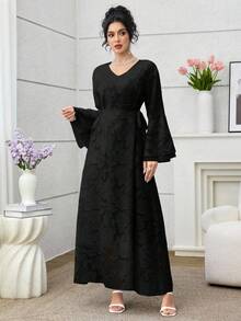 纯色收腰喇叭袖优雅V领蕾丝边系带连衣裙 - 黑色 - 查看 3