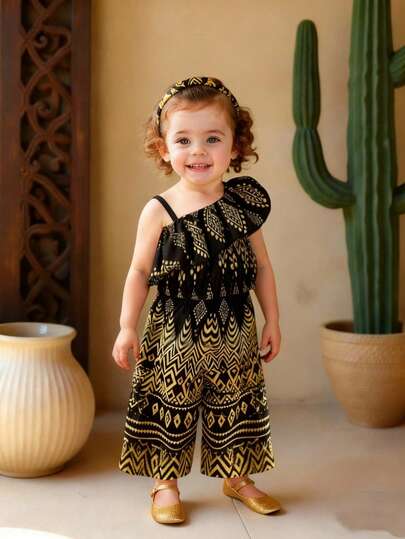 Middle Eastern Style Asymmetric Shoulder Top + Loose Printed Straight Pants 2pcs Outfit, Baby Girls