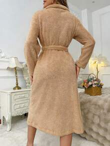 1 pieza Bata de kimono de mujer de unicolor acanalado, bata de baño minimalista con cinturón, para primavera/otoño/invierno,BATA DE BAÑO UNISEX AMPLIA Y LARGA EXCELENTE ABSORCIÓN TELA MICROTOALLA (ALGODÓN CON MICROFIBRA) - Marrón - Ver 3