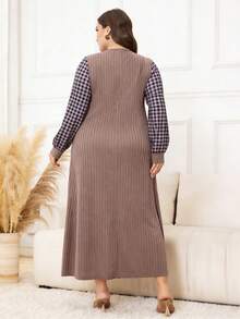 Lacomfia Plus Size Women's Vintage Patchwork Plaid Print V-Neck Single-Breasted Ruffle Hem Loose Dress, Spring/Autumn