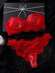 2 piezas Conjunto de lencería de encaje para el Día de San Valentín para mujer - Rojo - Ver 5