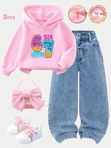 Conjunto de Moletom e Shorts Curta para Meninas Jovens 2 peças: Forro Térmico, Tecido de Moletom Grosso e Confortável, Corte Solto e Estiloso, Estampa Fofa de Número Cartoon em Rosa com Capuz + Calça Denim Reta com Cintura Elástica, Cor Denim Retrô Azul Claro, Corte Fofo, Adequado para Todas as Estações, Múltiplos Estilos, Alto Custo-Benefício, Conjunto de Duas Peças na Moda para Moletom e Denim de Meninas. - Multicolorido - Visão 1