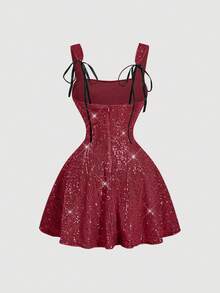 SHEIN MOD 亮片撞色网纱黑色派对连衣裙 - 酒紅色 - 查看 2