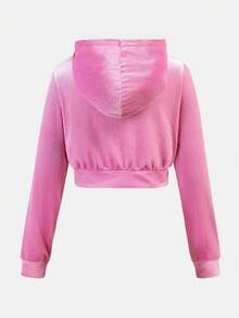 SHEIN Bộ áo hoodie và quần nỉ nhung cho bé gái tuổi teen, trang phục thể thao thường ngày. - Màu Hồng  Dưa hấu - Xem 3