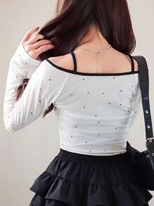 FRIFUL 女士波点撞色蝴蝶结露肩休闲长袖T恤，适合秋冬季穿着。 - 杏色 - 查看 4