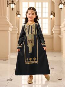 SHEIN Young Girls Retro Pattern Round Neck A-Line Long Sleeve Dress, Casual Everyday Wear, Fall, School - Black - View 5