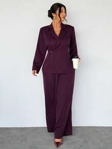 Firerie Conjunto de chaqueta y pantalones de unicolor elegante para talla grande - Burdeos - Ver 4