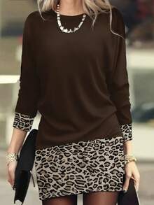 EMERY ROSE Đầm ngắn nữ cổ tròn họa tiết da báo phối nhiều mảnh, dáng rộng, tối giản. - Cà phê nâu - Xem 1