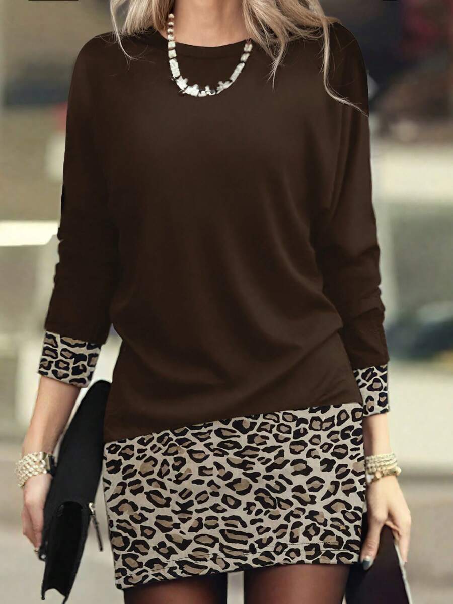 EMERY ROSE Đầm ngắn nữ cổ tròn họa tiết da báo phối nhiều mảnh, dáng rộng, tối giản. - Cà phê nâu - Xem 1