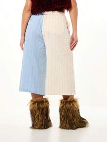 SUMWON WOMEN Striped Patchwork Wide Leg Longline Shorts With Expired Barcode Print Design And Folded Waistband Color Block - Multicolor - View 2