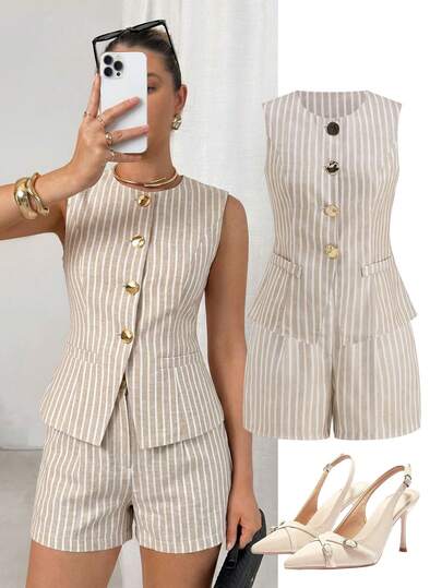 Ellevyn 2 piezas Conjunto a rayas para mujer, elegante para ir al trabajo, de moda y cómodo de llevar