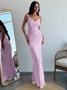 Aloruh Romantic Date Spaghetti Strap Frill Trim Bodycon Dress For Women, Spring/Summer - Violet Purple - View 3