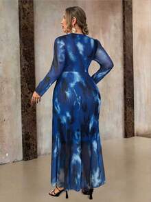 Roveilla Elegant Plus Size V Neck Long Sleeve A Line Maxi Dress In Navy Blue With Random Print - Navy Blue - View 2