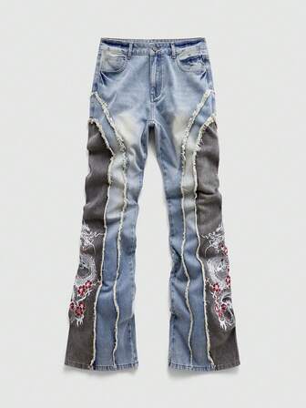 Herren Destroyed Jeans mit Drachen Stickerei Patchwork und Layering Design
