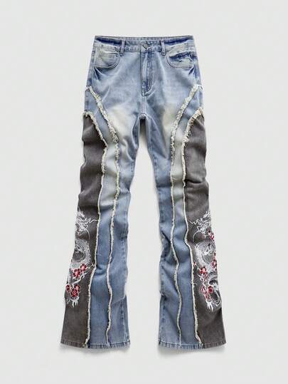 Men's Distressed Denim Jeans With Dragon Embroidery Patchwork And Layered Design