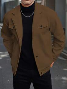Manfinity Homme Men's Solid Color Notched Collar Drop Shoulder Long Sleeve Casual Overcoat - Coffee Brown - View 4