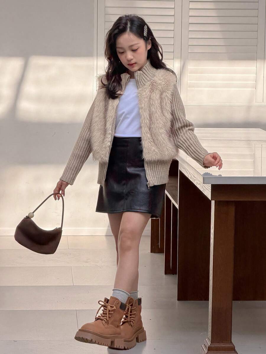 DAZY Tween Girls Thick Knit Sweater With Faux Fur Collar Zip-Up Cardigan For Autumn/Winter