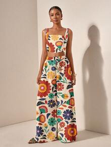 Zivah New Spring/Summer Vacation Casual Fishbone Strap Top & Wide Leg Pants With Pockets 2 Pieces Set/Season Wedding Attend/Birthday Party/Daily Outing/Basic And Versatile/Leisure Vacation/Cruise Travel/Beach Seaside Sunbathing /Internet Celebrity Hot Style/Street Style/Elegant Commuter/Business/Casual Bandeau Strap Sexy Backless Ladies Top And Straight Pants With Pockets Flower Positioning Print Green Summer Suit Ladies Two Pieces Suit Carnival - Multicolor - View 3