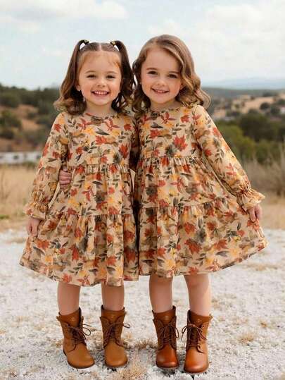 Emery Rose Kids Emery Rose Kids Young Girl Young Girl Twins Girl Ditsy Floral Round Neck Puff Sleeve Fitted Casual Cake A-Line Dress,Autumn Winter New Arrival,Young Girl ,Mommy & Sisters & Me Matching.Back To School