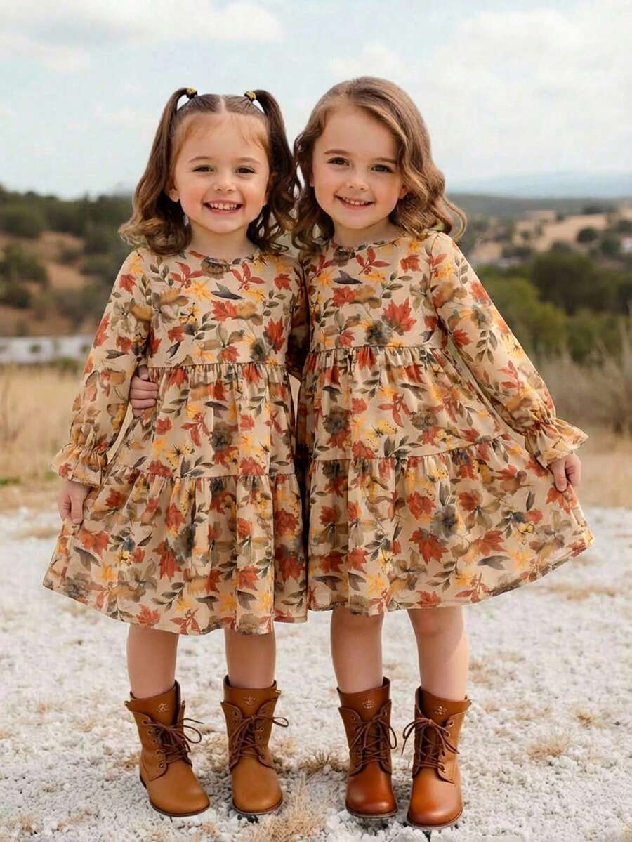 Emery Rose Kids Emery Rose Kids 女童连衣裙，碎花圆领泡泡袖修身休闲A字裙，秋冬新款，适合女童、母女和姐妹穿着。返校季 - 杏色 - 查看 1