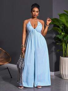 Slaydiva 2026 Plus Size Women's New Spring/Summer Halter Striped Wide Leg Pants, Suitable For Travel, Vacation, Spring Outing - Blue - View 7